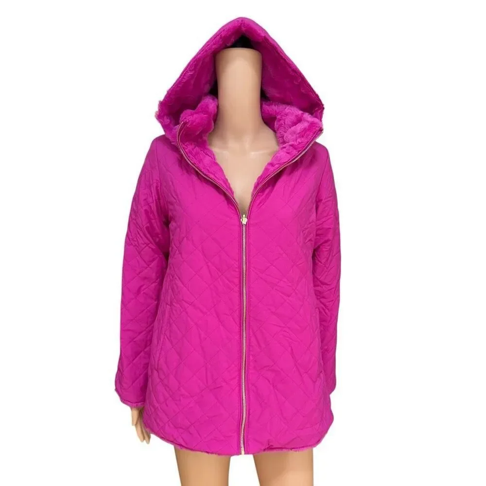 IMAN Faux Fur Coat fuchsia Reversible Hooded Quilted Jacket Womens Sz XS NWOT